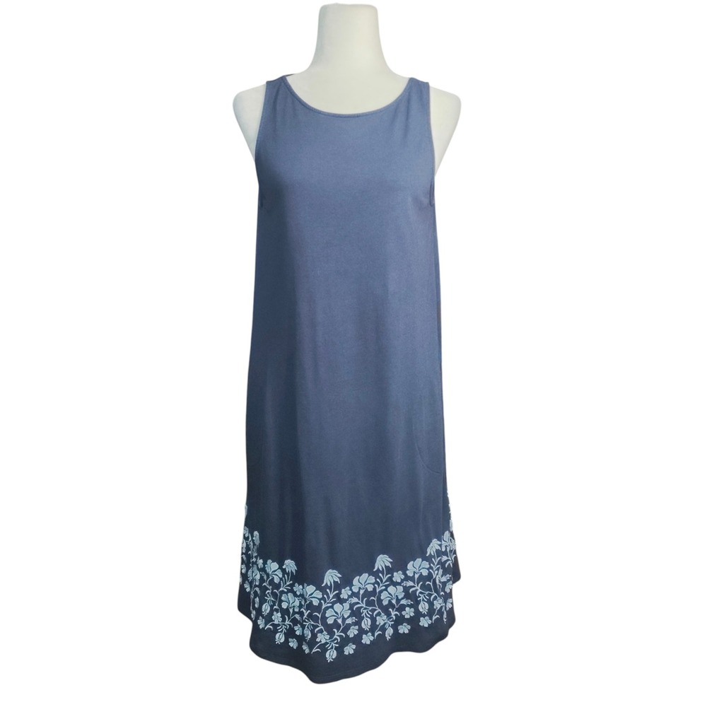 J. Jill Blue Shift Dress Floral Embroidered Sleeveless Cotton Pockets Summer- S